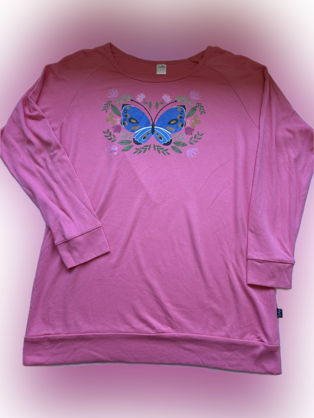 Dwelling Pink Bamboo Pullover Graphic Butterfly Floral Long Sleeve Size L